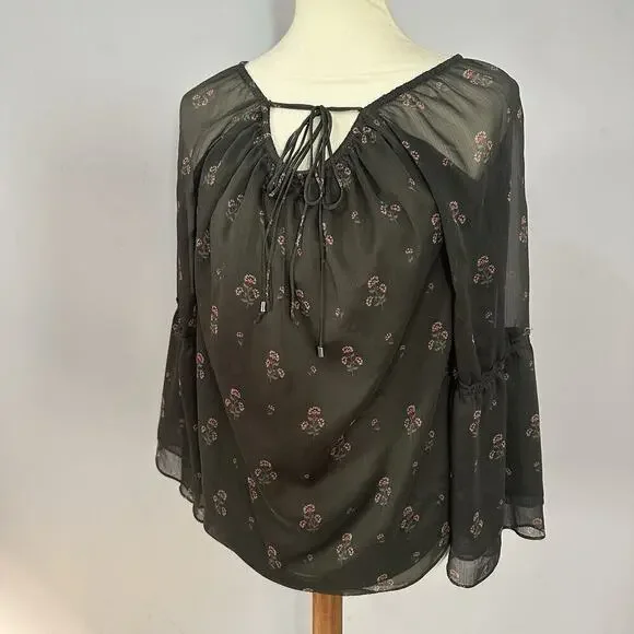 WHBM Whimsigoth Top Sheer Floral Bell Sleeve Peasant Boho Fairy Goth Vamp Green - Picture 4 of 11